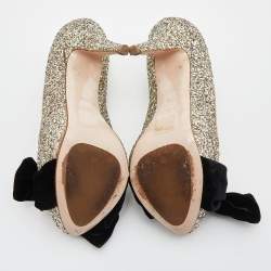 Miu Miu Gold Glitter Velvet Bow Peep Toe Platform Pumps Size 38.5