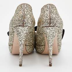 Miu Miu Gold Glitter Velvet Bow Peep Toe Platform Pumps Size 38.5