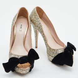 Miu Miu Gold Glitter Velvet Bow Peep Toe Platform Pumps Size 38.5