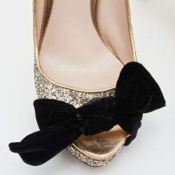 Miu Miu Gold Glitter Velvet Bow Peep Toe Platform Pumps Size 38.5