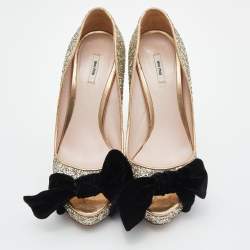 Miu Miu Gold Glitter Velvet Bow Peep Toe Platform Pumps Size 38.5
