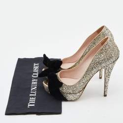 Miu Miu Gold Glitter Velvet Bow Peep Toe Platform Pumps Size 38.5