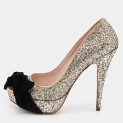 Miu Miu Gold Glitter Velvet Bow Peep Toe Platform Pumps Size 38.5