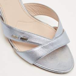 Pre Owned Miu Miu Metallic Blue Leather Crystal Embellished Slide Sandals Size 36