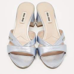 Pre Owned Miu Miu Metallic Blue Leather Crystal Embellished Slide Sandals Size 36