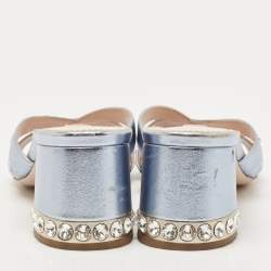 Pre Owned Miu Miu Metallic Blue Leather Crystal Embellished Slide Sandals Size 36