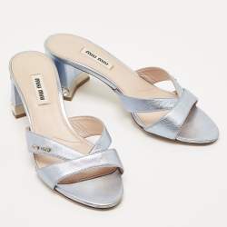 Pre Owned Miu Miu Metallic Blue Leather Crystal Embellished Slide Sandals Size 36