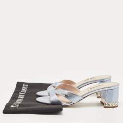 Pre Owned Miu Miu Metallic Blue Leather Crystal Embellished Slide Sandals Size 36