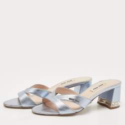 Pre Owned Miu Miu Metallic Blue Leather Crystal Embellished Slide Sandals Size 36