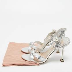 Miu Miu Metallic Silver Leather Crystal and Pearl Embellished Ankle Strap Platform Sandals Size Size 39