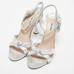 Miu Miu Metallic Silver Leather Crystal and Pearl Embellished Ankle Strap Platform Sandals Size Size 39