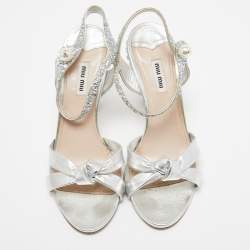 Miu Miu Metallic Silver Leather Crystal and Pearl Embellished Ankle Strap Platform Sandals Size Size 39
