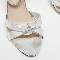Miu Miu Metallic Silver Leather Crystal and Pearl Embellished Ankle Strap Platform Sandals Size Size 39