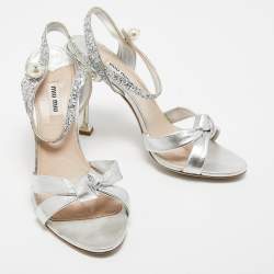 Miu Miu Metallic Silver Leather Crystal and Pearl Embellished Ankle Strap Platform Sandals Size Size 39