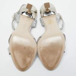 Miu Miu Metallic Silver Leather Crystal and Pearl Embellished Ankle Strap Platform Sandals Size Size 39