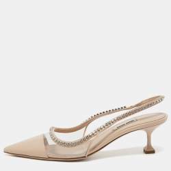 Miu Miu Beige Patent Leather and PVC Embellished Slingback Pumps Size 39
