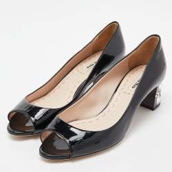 Miu Miu Black Patent Leather Peep Toe Embellished Block Heel Pumps Size 36.5