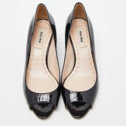 Miu Miu Black Patent Leather Peep Toe Embellished Block Heel Pumps Size 36.5