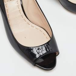 Miu Miu Black Patent Leather Peep Toe Embellished Block Heel Pumps Size 36.5