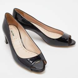 Miu Miu Black Patent Leather Peep Toe Embellished Block Heel Pumps Size 36.5