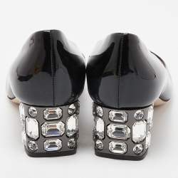 Miu Miu Black Patent Leather Peep Toe Embellished Block Heel Pumps Size 36.5