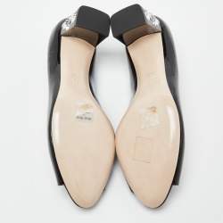 Miu Miu Black Patent Leather Peep Toe Embellished Block Heel Pumps Size 36.5
