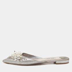 Miu Miu Grey Leather Embellished Flat Mules Size 37