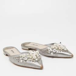 Miu Miu Grey Leather Embellished Flat Mules Size 37