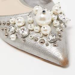 Miu Miu Grey Leather Embellished Flat Mules Size 37