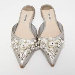 Miu Miu Grey Leather Embellished Flat Mules Size 37