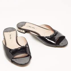 Miu Miu Black Patent Leather Bow Crystal Embellished Flat Slides Size 37