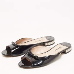 Miu Miu Black Patent Leather Bow Crystal Embellished Flat Slides Size 37