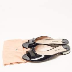 Miu Miu Black Patent Leather Bow Crystal Embellished Flat Slides Size 37
