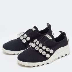 Miu Miu Black Knit Fabric  Double Band Crystal Sneakers Size 40