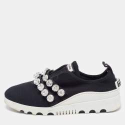 Miu Miu Black Knit Fabric  Double Band Crystal Sneakers Size 40