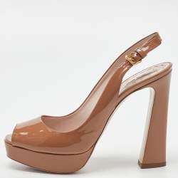 Miu Miu Beige Patent Leather Open Toe Platform Slingback Sandals Size 39.5