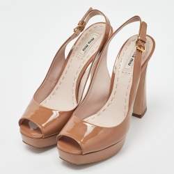 Miu Miu Beige Patent Leather Open Toe Platform Slingback Sandals Size 39.5