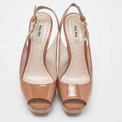 Miu Miu Beige Patent Leather Open Toe Platform Slingback Sandals Size 39.5
