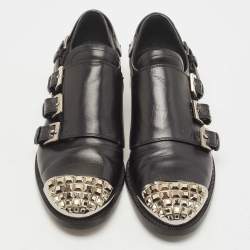 Miu Miu Black Leather Studded Cap Toe Monk Strap Derby Size 37