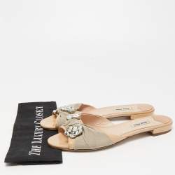 Miu Miu Two Tone Patent Leather and Knotted Canvas Crystal Embellished Flat Slides Size 39.5