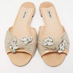 Miu Miu Two Tone Patent Leather and Knotted Canvas Crystal Embellished Flat Slides Size 39.5