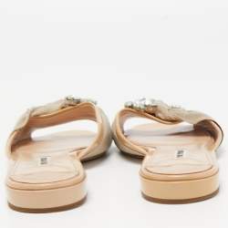 Miu Miu Two Tone Patent Leather and Knotted Canvas Crystal Embellished Flat Slides Size 39.5