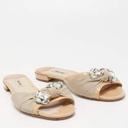 Miu Miu Two Tone Patent Leather and Knotted Canvas Crystal Embellished Flat Slides Size 39.5