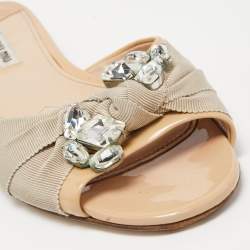 Miu Miu Two Tone Patent Leather and Knotted Canvas Crystal Embellished Flat Slides Size 39.5