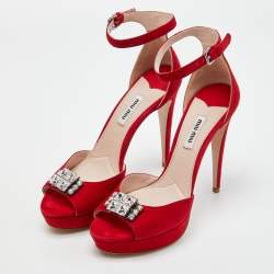 Pre Owned Miu Miu Red Suede Crystal Embellished Ankle Strap  Sandals Size 39