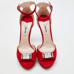Pre Owned Miu Miu Red Suede Crystal Embellished Ankle Strap  Sandals Size 39