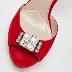 Pre Owned Miu Miu Red Suede Crystal Embellished Ankle Strap  Sandals Size 39