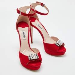 Pre Owned Miu Miu Red Suede Crystal Embellished Ankle Strap  Sandals Size 39