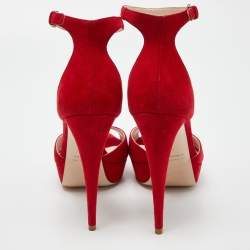 Pre Owned Miu Miu Red Suede Crystal Embellished Ankle Strap  Sandals Size 39