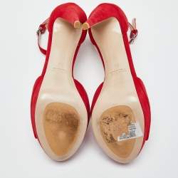 Pre Owned Miu Miu Red Suede Crystal Embellished Ankle Strap  Sandals Size 39